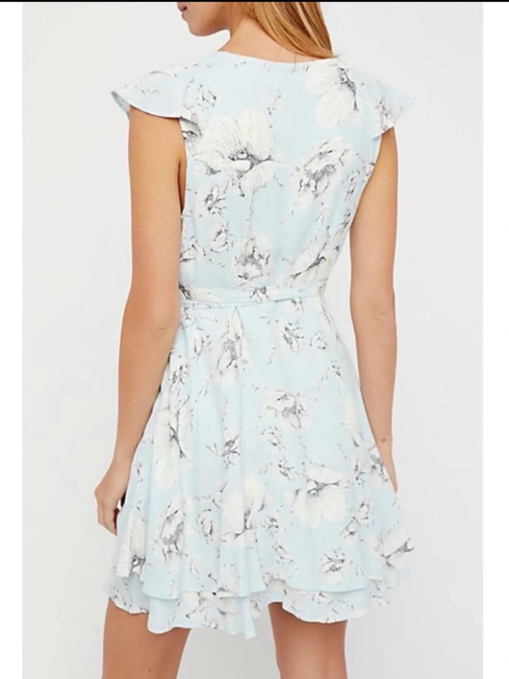 Free People French Quarter Wrap Dress XS Blue Floral Ruffle Boho Mini - Picture 4 of 11